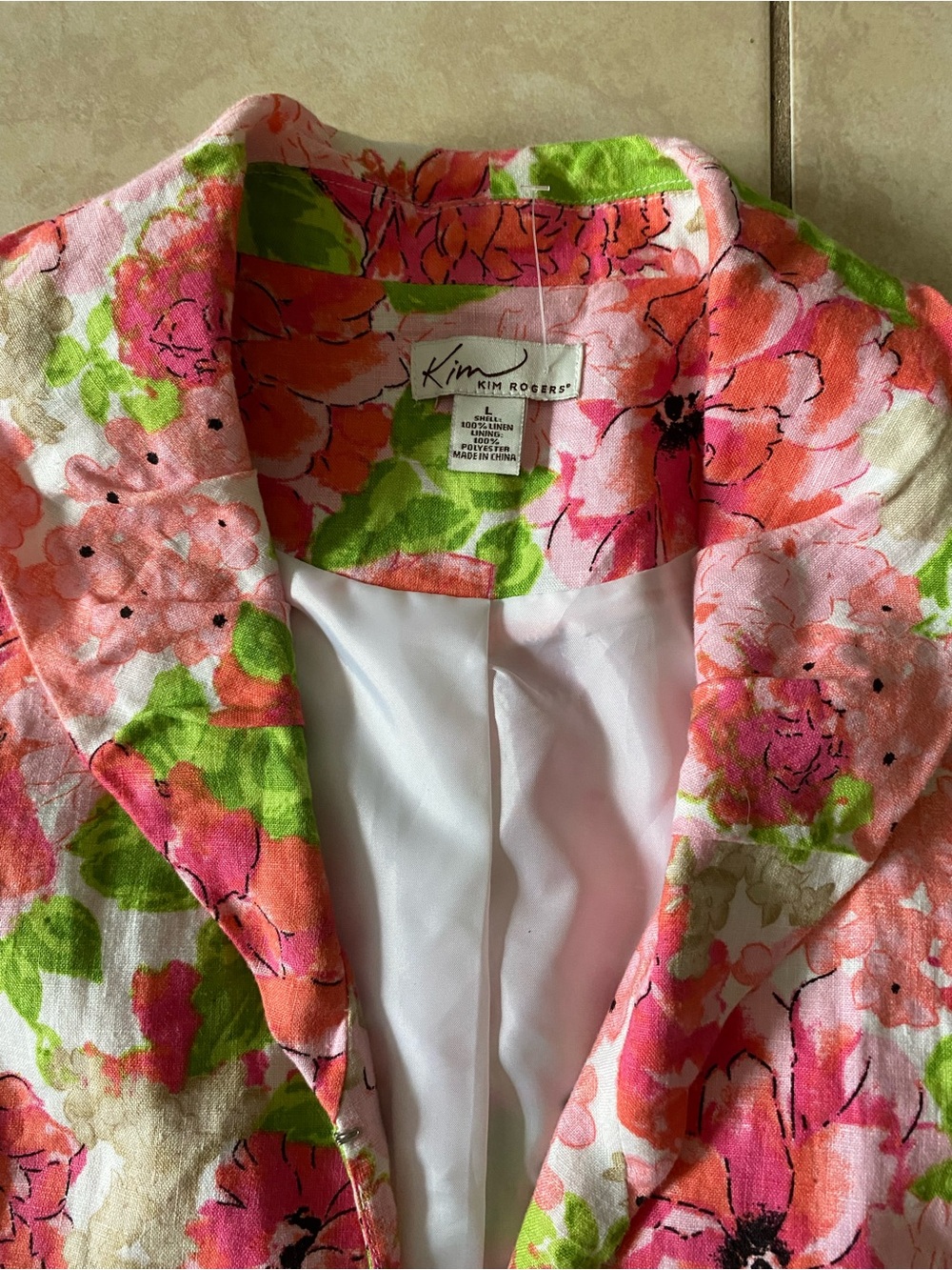 Vintage Kim Rogers Linen two-piece skirt suit set pink green floral size Large - Picture 3 of 8